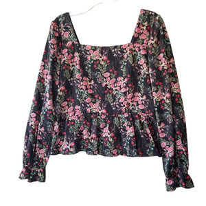 Skies Are Blue Peplum Top Floral Crop Smocked Square Neck Balloon Sleeve Size L